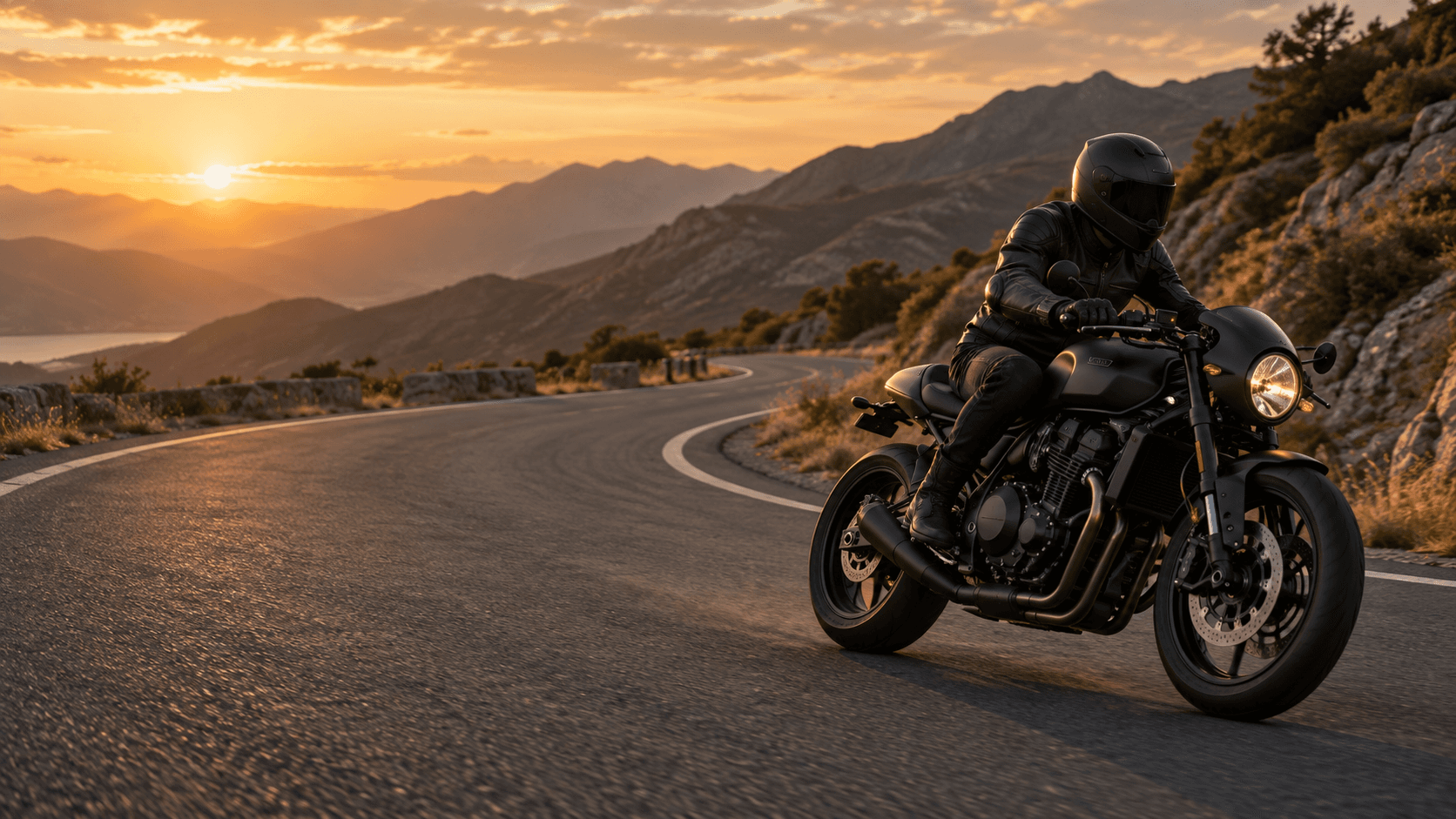 Editorial illustration of a motorcyclist on a winding mountain road