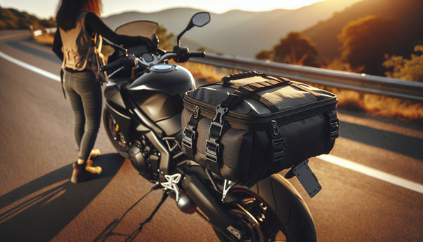 15L motorcycle tank bag fitted on a touring bike on a mountain road