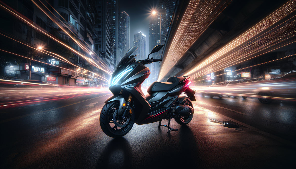 Yamaha TMAX 530 with full LED front and rear lighting kit installed at night